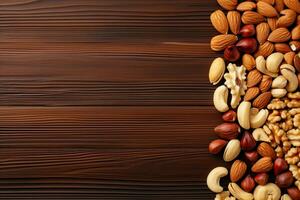 Almond nuts on wooden background. Top view with copy space. Generative AI photo