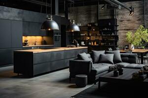 Luxury kitchen interior design with black walls, concrete floor, dark wooden countertops, black cupboards and dining table with black chairs.  Generative AI photo