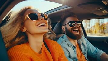 transport, road trip, technology and people concept - smiling couple driving in car, travel concept. Generative A photo