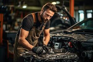 Car mechanic working in auto repair shop. Handsome young man in uniform working with car engine. Generative AI photo