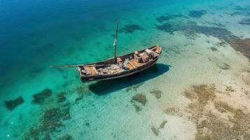 Aerial view of a wooden fishing boat in the sea, Greece. Generative AI photo