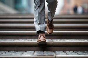 Close up young businessman feet sprinting up stairs office middle image.  Generative AI photo