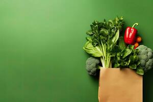 Shopping bag full of fresh organic vegetables on green background. Healthy food concept.  Generative AI photo