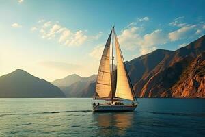 Sailing boat on the sea against the background of the mountains photo