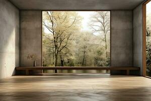 Interior of modern loft with concrete floor and panoramic windows.  Generative AI photo