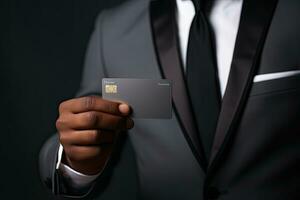 Businessman holding credit card on dark background, closeup. Online shopping. Generative AI photo