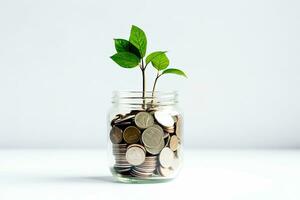 Plant growing out of coins in glass jar on white background. Saving money concept. Generative AI photo