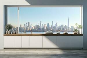 Luxury kitchen interior with white marble countertop, sink and window with panoramic view. Generative AI photo