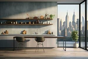 Luxury kitchen interior with white marble countertop, sink and window with panoramic view. Generative AI photo