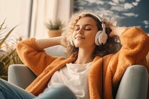 Young woman in headphones listening to music at home. Girl sitting on sofa.  Generative AI photo