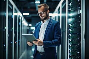 Handsome young businessman using digital tablet while standing in server room.  Generative AI photo
