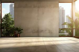 Interior of modern loft with concrete floor and panoramic windows.  Generative AI photo