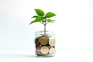 Plant growing out of coins in glass jar on white background. Saving money concept. Generative AI photo