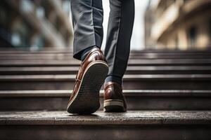 Close up young businessman feet sprinting up stairs office middle image.  Generative AI photo