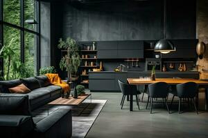 lujo cocina interior diseño con negro paredes, hormigón piso, oscuro de madera encimeras, negro armarios y comida mesa con negro sillas. generativo ai foto