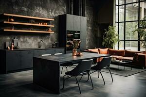 lujo cocina interior diseño con negro paredes, hormigón piso, oscuro de madera encimeras, negro armarios y comida mesa con negro sillas. generativo ai foto