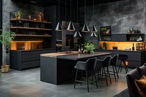 lujo cocina interior diseño con negro paredes, hormigón piso, oscuro de madera encimeras, negro armarios y comida mesa con negro sillas. generativo ai foto