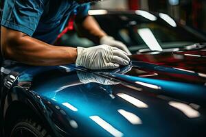 coche detallado serie, trabajador en protector guantes pulido un coche. generativo ai foto