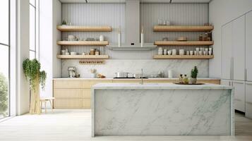 Interior of modern kitchen with white marble countertop and wooden. Generative AI photo