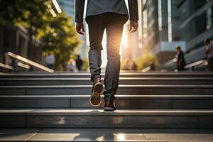 Close up young businessman feet sprinting up stairs office middle image. photo