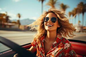 summer holidays, vacation, road trip and people concept - smiling young woman driving convertible car. Generative AI photo