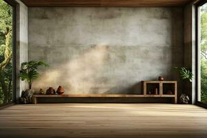 Interior of modern loft with concrete floor and panoramic windows.  Generative AI photo