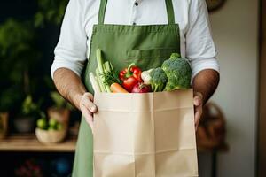 Man holding grocery shopping bag full of fresh vegetables and fruits standing in the supermarket. Food delivery service. Generative AI photo