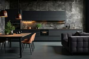 lujo cocina interior diseño con negro paredes, hormigón piso, oscuro de madera encimeras, negro armarios y comida mesa con negro sillas. generativo ai foto