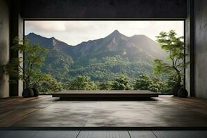 Interior of modern living room with wooden walls, concrete floor, panoramic window and mountain view. Generative AI photo