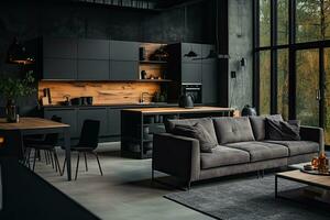 lujo cocina interior diseño con negro paredes, hormigón piso, oscuro de madera encimeras, negro armarios y comida mesa con negro sillas. generativo ai foto