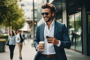 Handsome businessman using smartphone and holding coffee cup while in the city. Generative AI photo
