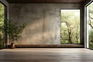 Interior of modern loft with concrete floor and panoramic windows.  Generative AI photo