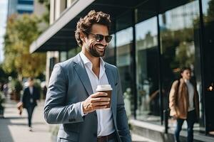 Handsome businessman using smartphone and holding coffee cup while in the city. Generative AI photo