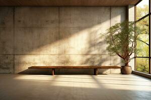 Interior of modern loft with concrete floor and panoramic windows.  Generative AI photo