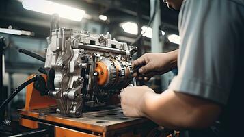 Car mechanic working in auto repair shop. Auto service industry. Automotive manufacturing. Generative AI photo