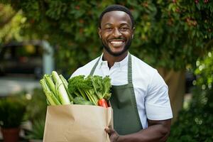 A young man carries a shopping bag full of fruits and vegetables. Food delivery service.  Generative AI photo