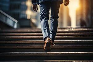 Close up young businessman feet sprinting up stairs office middle image.  Generative AI photo