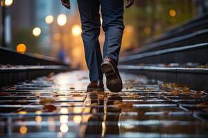 Close up young businessman feet sprinting up stairs office middle image.  Generative AI photo