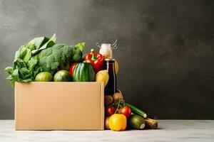 Box with fresh organic vegetables and fruits. Healthy food shopping concept. Generative AI photo