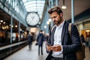 handsome businessman using smartphone while in the city. Generative AI photo
