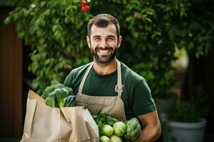 un joven hombre lleva un compras bolso lleno de frutas y vegetales. comida entrega servicio. generativo ai foto