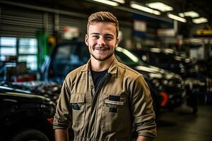 coche mecánico trabajando en auto reparar tienda. hermoso joven hombre en uniforme trabajando con coche motor. generativo ai foto