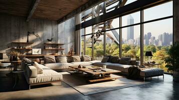 Interior of modern living room with panoramic view of mountains. Generative AI photo