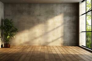Interior of modern loft with concrete floor and panoramic windows.  Generative AI photo