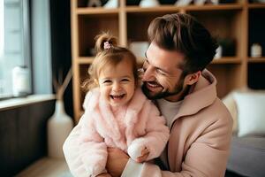 sonriente y contento padre y hija gasto el fin de semana en un calentar hogar. generativo ai foto