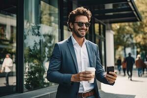 Handsome businessman using smartphone and holding coffee cup while in the city. Generative AI photo