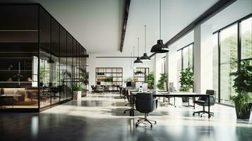 Interior of modern open space office with black walls, concrete floor, rows of computer tables and glass doors.  Generative AI photo