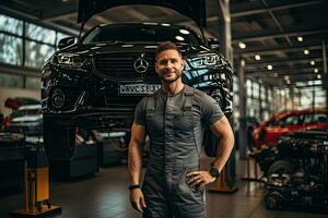 selective focus of handsome auto mechanic in uniform repairing car in auto repair shop. Generative AI photo