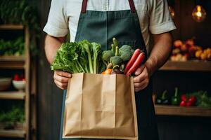 Man holding grocery shopping bag full of fresh vegetables and fruits standing in the supermarket. Food delivery service. Generative AI photo