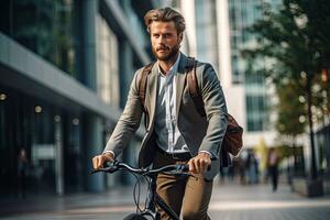 Handsome young businessman in suit and with a backpack riding a bicycle in the city. Generative A photo